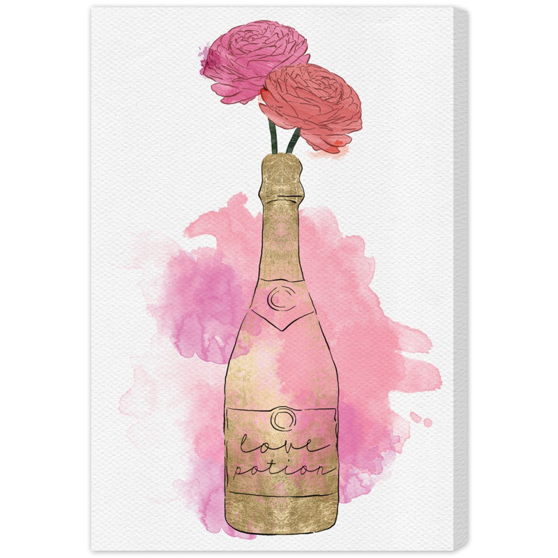 Oliver Gal Champagne and Flowers Wrapped Canvas Painting Print